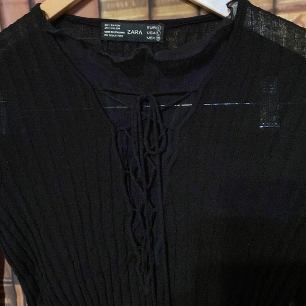 Zara Black Semi Sheer Ribbed Knit Lace Up V Neck Long Sleeve Top Large Y2K